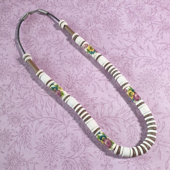 Vintage Floral Beaded Necklace Roses Yellow Flower White Brown Bead Spring Clasp - Picture 1 of 4